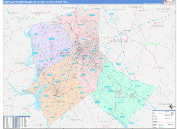 Greenville-Anderson-Mauldin Metro Area Digital Map Color Cast Style